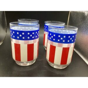 Set Of‎ 4 Libbey Vintage 70's American Flag Lowball Glasses- Stars/Stripes